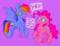 Size: 2048x1577 | Tagged: safe, artist:swirlseypop, derpibooru import, pinkie pie, rainbow dash, earth pony, pegasus, pony, censored dialogue, censored vulgarity, chest fluff, duo, floppy ears, flying, grawlixes, image, jpeg, redraw