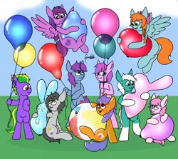 Size: 5500x4900 | Tagged: safe, artist:foxxo666, derpibooru import, oc, oc:clockwork gear, oc:cuddle cruise, oc:emilia starsong, oc:jdm pon3, oc:jenny, oc:maudlin chagrin, oc:melon splash, oc:mobian, oc:skydream, inflatable pony, pony, balloon, bipedal, commission, flying, group, high res, image, inflatable, jpeg, simple background, sitting, smiling