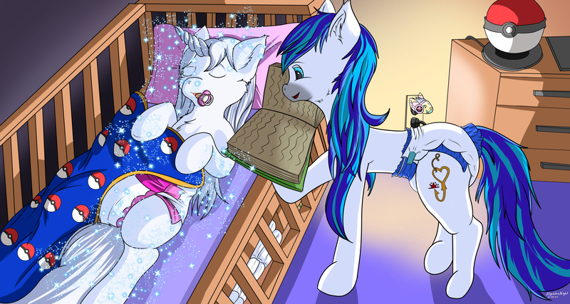 Size: 4500x2401 | Tagged: questionable, artist:kitsuneskyy, derpibooru import, night light, oc, oc:hooklined, oc:luma, unofficial characters only, alicorn, cyborg, earth pony, abdl, alicorn oc, bedtime story, crib, diaper, diaper fetish, earth pony oc, fetish, horn, image, png, pokéball, pokémon, protogen, reading, sleeping, wings