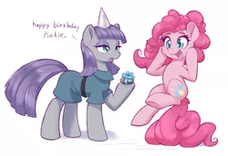 Size: 1280x881 | Tagged: safe, artist:dstears, derpibooru import, maud pie, pinkie pie, earth pony, pony, birthday, clothes, cute, diapinkes, dress, female, happy, hat, image, jpeg, mare, open mouth, open smile, party hat, pie sisters, rock, siblings, simple background, sisters, smiling, tail, tail stand, white background