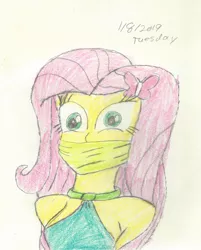 Size: 1280x1591 | Tagged: safe, artist:bluesplendont, derpibooru import, fluttershy, equestria girls, bust, cloth gag, gag, image, jpeg, scared, shocked, shocked expression, solo, surprised, tied up, traditional art, worried