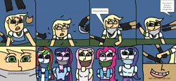 Size: 2019x935 | Tagged: safe, artist:mattjohn1992, derpibooru import, applejack, fluttershy, pinkie pie, rainbow dash, rarity, twilight sparkle, equestria girls, bondage, bound and gagged, chains, cloth gag, comic, criminal, gag, image, kidnapped, looking at each other, looking at someone, png, tied up