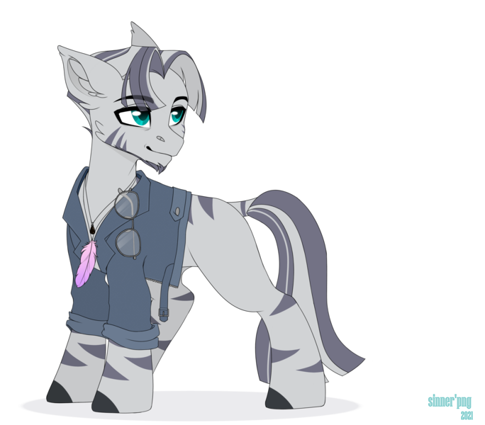 Size: 4000x3508 | Tagged: safe, artist:sinner_png, derpibooru import, oc, oc:zero, unofficial characters only, zebra, fallout equestria, beard, denim jacket, facial hair, fallout equestria: of shadows, feather, glasses, image, jewelry, male, necklace, png, simple background, solo, transparent background