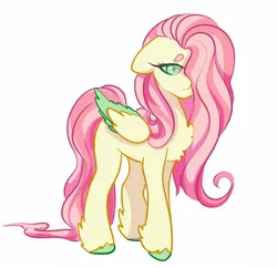 Size: 1470x1425 | Tagged: safe, artist:damayantiarts, derpibooru import, fluttershy, pegasus, pony, chest fluff, colored wings, female, hair over one eye, image, jpeg, mare, redesign, simple background, solo, two toned wings, unshorn fetlocks, white background, wings