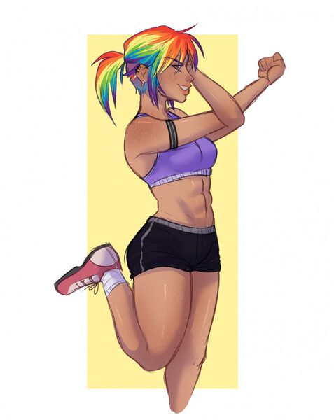 Size: 1018x1280 | Tagged: safe, artist:flasterstof, derpibooru import, rainbow dash, human, abs, breasts, clothes, ear piercing, earring, eye clipping through hair, female, fit, humanized, image, jewelry, jpeg, piercing, ponytail, shorts, smiling, smirk, solo, sports bra, sports shoes, sports shorts, stretching