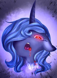 Size: 1441x1958 | Tagged: safe, artist:damayantiarts, derpibooru import, princess luna, rainbow dash, alicorn, pony, vampire, vampony, abstract background, blood, bust, dripping blood, fangs, female, hair over one eye, image, mare, png, s1 luna, solo