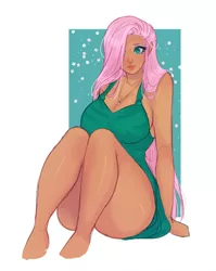 Size: 1018x1280 | Tagged: suggestive, artist:flasterstof, derpibooru import, fluttershy, human, breasts, busty fluttershy, clothes, dress, female, hair over one eye, humanized, image, jewelry, jpeg, necklace, sitting, solo, solo female