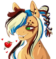 Size: 1672x1769 | Tagged: safe, artist:damayantiarts, derpibooru import, applejack, earth pony, pony, apple, bust, ear piercing, female, food, hair over one eye, heart, image, lip piercing, makeup, mare, piercing, png, punk, running makeup, solo