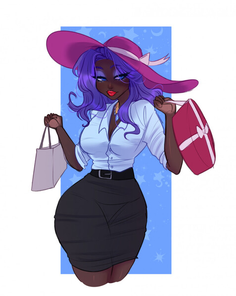 Size: 1018x1280 | Tagged: safe, artist:flasterstof, derpibooru import, rarity, human, bag, belt, blackwashing, blouse, breasts, busty rarity, clothes, dark skin, female, hat, humanized, image, jewelry, jpeg, lidded eyes, necklace, shopping bag, skirt, smiling, solo