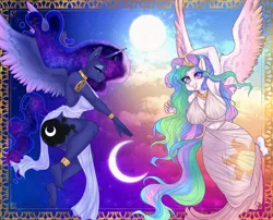 Size: 1280x1035 | Tagged: suggestive, artist:flasterstof, derpibooru import, princess celestia, princess luna, anthro, plantigrade anthro, anklet, barefoot, breasts, busty princess celestia, busty princess luna, clothes, cloud, commission, duo, duo female, feet, female, flying, horn, horn jewelry, image, jewelry, jpeg, midriff, moon, royal sisters, siblings, sisters, sky, smiling, spread wings, sun, toga, wings