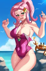 Size: 800x1242 | Tagged: suggestive, artist:tzc, derpibooru import, fluttershy, crab, human, alternate hairstyle, beach, blushing, breasts, busty fluttershy, clothes, female, humanized, image, jpeg, ocean, one-piece swimsuit, open mouth, solo, solo female, swimsuit, water