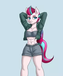 Size: 1400x1700 | Tagged: safe, artist:zachc, derpibooru import, zipp storm, anthro, pegasus, abs, arm behind head, belly button, clothes, denim shorts, female, g5, image, jacket, muscles, png, ripped zipp, shorts, solo, tanktop