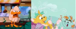 Size: 1803x697 | Tagged: safe, derpibooru import, edit, edited screencap, screencap, snails, snips, bird, duck, pony, unicorn, angry, colt, comparison, duckling, feather, flank, foal, image, jpeg, male, plucky duck, shaved, tail, tiny toon adventures