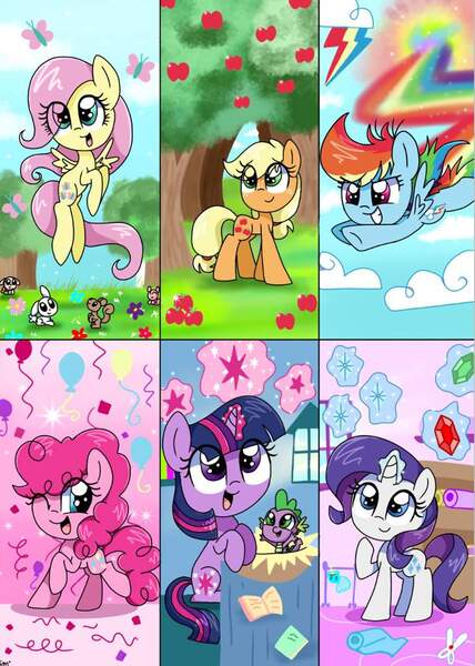 Size: 731x1024 | Tagged: source needed, safe, artist:silver meadow, derpibooru import, applejack, fluttershy, pinkie pie, rainbow dash, rarity, spike, twilight sparkle, dragon, earth pony, pegasus, pony, unicorn, the cutie mark chronicles, baby, baby dragon, baby spike, female, filly, filly applejack, filly fluttershy, filly pinkie pie, filly rainbow dash, filly rarity, filly six, filly twilight sparkle, image, jpeg, mane seven, mane six, unicorn twilight, younger