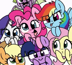 Size: 945x857 | Tagged: source needed, safe, artist:silver meadow, derpibooru import, applejack, fluttershy, pinkie pie, rainbow dash, rarity, spike, twilight sparkle, dragon, earth pony, pegasus, pony, unicorn, eyelid pull, female, image, jpeg, looking at you, male, mane seven, mane six, mare, open mouth, puffy cheeks, silly face, simple background, smiling, smiling at you, tongue out, white background, winged spike, wings