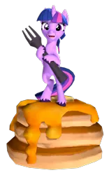 Size: 1000x1600 | Tagged: safe, artist:owlpirate, derpibooru import, twilight sparkle, twilight sparkle (alicorn), alicorn, pony, 3d, bipedal, cute, female, food, fork, giant food, i'm pancake, image, looking at you, mare, pancakes, png, ponies in food, simple background, smiling, smiling at you, solo, source filmmaker, transparent background, twiabetes
