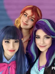 Size: 667x893 | Tagged: safe, artist:maddymoiselle, artist:sarahndipity cosplay, artist:shelbeanie, derpibooru import, edit, starlight glimmer, sunset shimmer, twilight sparkle, human, equestria girls, artificial intelligence, beautiful, blurry background, clothes, faceapp, humanized, image, jpeg, looking at you, photo, smiling, smiling at you, teenager, young, younger