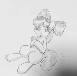 Size: 1537x1526 | Tagged: safe, artist:up_p_ab, derpibooru import, apple bloom, earth pony, pony, female, filly, foal, hooves on belly, image, jpeg, sitting, solo, traditional art