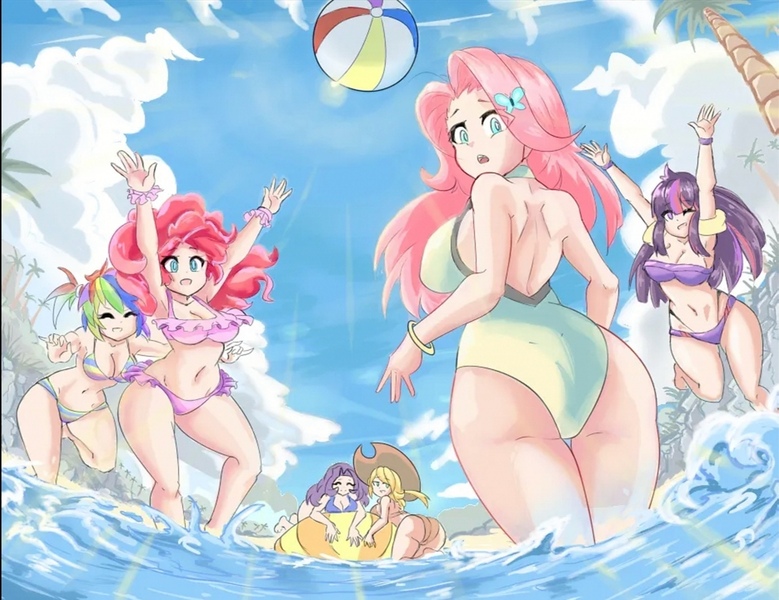 Size: 1398x1077 | Tagged: suggestive, artist:alejo, derpibooru import, applejack, fluttershy, pinkie pie, rainbow dash, rarity, twilight sparkle, human, applebutt, ass, beach, beach ball, bikini, breasts, busty applejack, busty fluttershy, busty mane six, busty pinkie pie, busty rainbow dash, busty rarity, busty twilight sparkle, butt, cleavage, clothes, female, females only, flutterbutt, humanized, image, inner tube, jpeg, mane six, ocean, one-piece swimsuit, swimsuit, water