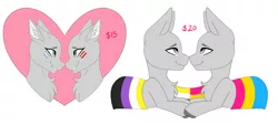 Size: 2500x1134 | Tagged: safe, artist:melodytheartpony, derpibooru import, oc, any gender, any species, boop, commission, couple, cute, flag, happy, image, in love, lgbt, love is love, noseboop, png, pride, pride flag, pride month, simple background, smiling, white background, your character here