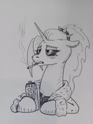 Size: 1536x2048 | Tagged: safe, artist:spagootis, derpibooru import, oc, oc:dyx, unofficial characters only, alicorn, pony, bathrobe, cigarette, clothes, drink, energy drink, female, floppy ears, grayscale, image, jpeg, mare, monochrome, monster energy, older, older dyx, robe, smoking, solo, traditional art