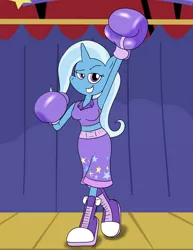 Size: 1468x1900 | Tagged: safe, artist:ballisticfury, derpibooru import, trixie, anthro, human, unicorn, boots, boxing, boxing gloves, boxing shorts, clothes, collar, humanized, image, looking at you, png, shoes, shorts, solo, sports, tanktop, trunks