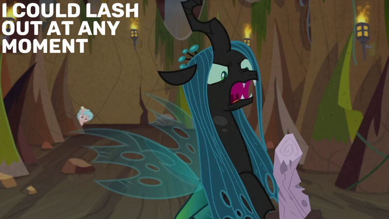 Size: 1280x720 | Tagged: safe, derpibooru import, edit, edited screencap, editor:quoterific, screencap, queen chrysalis, changeling, frenemies (episode), season 9, spoiler:s09, female, image, jpeg, open mouth, solo, text