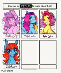 Size: 1715x2048 | Tagged: safe, artist:mscolorsplash, derpibooru import, apple spice, skywishes, thistle whistle, waterfire, earth pony, pegasus, pony, six fanarts, female, g3, grin, image, jpeg, mare, smiling, wip