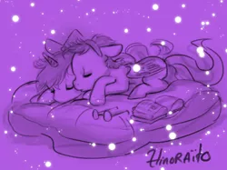 Size: 679x508 | Tagged: safe, artist:hinoraito, derpibooru import, oc, unofficial characters only, pegasus, pony, unicorn, book, cloud, image, jpeg, monochrome, sleeping