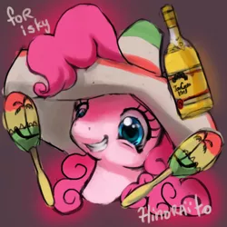 Size: 600x600 | Tagged: safe, artist:hinoraito, derpibooru import, pinkie pie, pony, alcohol, bust, food, image, jpeg, maracas, musical instrument, portrait, solo, sombrero, tequila