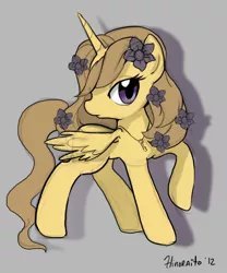 Size: 720x864 | Tagged: safe, artist:hinoraito, derpibooru import, oc, unofficial characters only, alicorn, pony, alicorn oc, female, flower, flower in hair, horn, image, jewelry, jpeg, mare, necklace, sketch, solo, wings