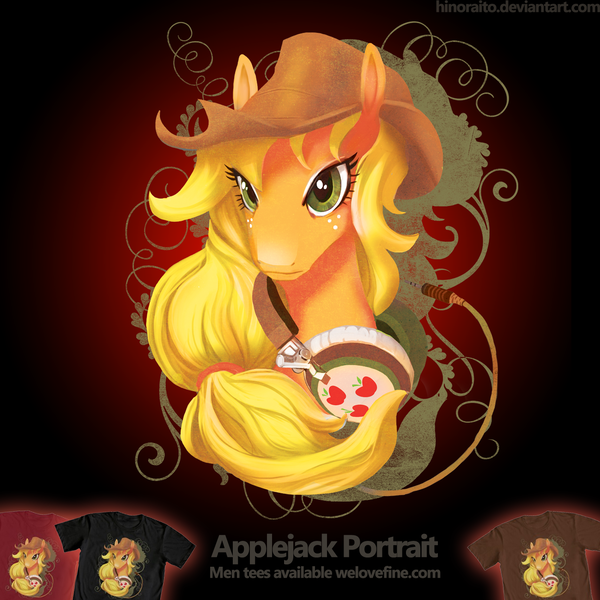 Size: 1299x1299 | Tagged: safe, artist:hinoraito, derpibooru import, official, applejack, pony, bust, clothes, headphones, image, merchandise, png, portrait, shirt, solo, t-shirt, welovefine