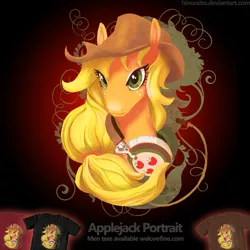 Size: 1299x1299 | Tagged: safe, artist:hinoraito, derpibooru import, official, applejack, pony, bust, clothes, headphones, image, merchandise, png, portrait, shirt, solo, t-shirt, welovefine