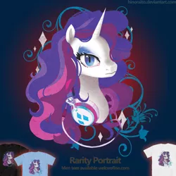 Size: 1299x1299 | Tagged: safe, artist:hinoraito, derpibooru import, official, rarity, pony, bust, clothes, female, headphones, image, mare, merchandise, png, portrait, shirt, solo, t-shirt, welovefine