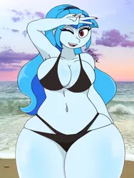 Size: 3000x4000 | Tagged: safe, artist:c_w, derpibooru import, sonata dusk, equestria girls, beach, belly button, breasts, busty sonata dusk, cleavage, clothes, eyelashes, eyeshadow, image, jpeg, looking at you, makeup, nail polish, one eye closed, open mouth, plump, smiling, swimsuit, thighs, wink, winking at you