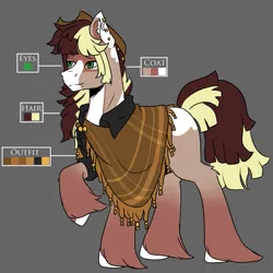 Size: 1069x1069 | Tagged: safe, artist:ocmakerarichan, derpibooru import, oc, unofficial characters only, earth pony, pony, clothes, color palette, crack ship offspring, gray background, hoof fluff, image, long feather, offspring, parent:big macintosh, parent:songbird serenade, png, poncho, simple background, solo, unshorn fetlocks