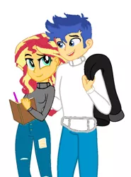 Size: 768x1040 | Tagged: safe, artist:decokelow, artist:moonhoek, derpibooru import, flash sentry, sunset shimmer, human, base used, book, clothes, female, flashshimmer, image, jacket, looking at each other, looking at someone, male, pants, pen, png, requested art, ripped pants, shipping, smiling, sweater, talking, torn clothes