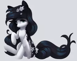 Size: 1500x1203 | Tagged: safe, artist:dammmnation, derpibooru import, oc, unofficial characters only, earth pony, pony, earth pony oc, female, flower, flower in hair, gray background, image, mare, png, raised hoof, simple background, sitting, solo, underhoof