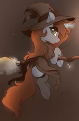 Size: 2673x4096 | Tagged: safe, artist:arjinmoon, derpibooru import, oc, oc:arjin, pony, unicorn, broom, clothes, femboy, flying, flying broomstick, hat, image, jpeg, looking at you, looking back, male, socks, stallion, witch, witch costume, witch hat