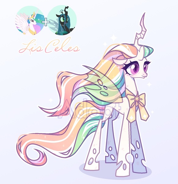 Size: 1473x1515 | Tagged: safe, artist:fenix-artist, derpibooru import, princess celestia, queen chrysalis, alicorn, changeling, changeling queen, changepony, hybrid, pony, base used, bow, eyelashes, female, image, jpeg, magical lesbian spawn, multicolored hair, offspring, parent:princess celestia, parent:queen chrysalis, parents:chryslestia, rainbow hair