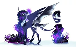 Size: 3328x2048 | Tagged: safe, artist:damayantiarts, derpibooru import, princess luna, alicorn, bat pony, bat pony alicorn, pony, bat wings, ethereal mane, female, horn, image, mare, peytral, png, redesign, simple background, solo, starry mane, white background, wings