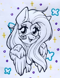 Size: 1564x2048 | Tagged: safe, artist:kadus_uwu, artist:madkadd, derpibooru import, fluttershy, pegasus, pony, blushing, ear fluff, eyelashes, female, image, jpeg, lineart, mare, smiling, solo, traditional art, wings