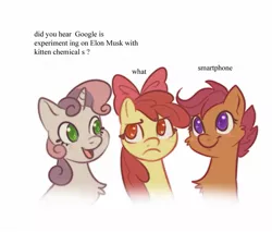 Size: 1097x936 | Tagged: safe, artist:pixel_chikki, derpibooru import, apple bloom, scootaloo, sweetie belle, earth pony, pegasus, pony, unicorn, chest fluff, cutie mark crusaders, dialogue, frown, image, jpeg, smiling, text, wat