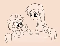 Size: 1181x906 | Tagged: safe, derpibooru import, derpy hooves, dinky hooves, pegasus, pony, unicorn, cup, cute, female, filly, foal, folded wings, image, mare, monochrome, mother and child, mother and daughter, mouth hold, png, simple background, sitting, table, tea party, teacup, teapot, wings