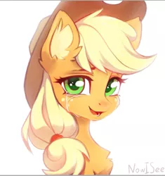 Size: 799x849 | Tagged: safe, artist:inowiseei, derpibooru import, applejack, earth pony, pony, applejack's hat, bust, chest fluff, cowboy hat, crying, cute, ear fluff, female, hat, image, jackabetes, looking at you, open mouth, open smile, png, simple background, smiling, solo, tears of joy, white background