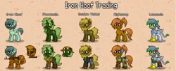 Size: 1086x445 | Tagged: safe, artist:darthalex70, derpibooru import, oc, oc:golden ticket, oc:highsong, oc:iron hoof, oc:leucosia, oc:phantasia, earth pony, gryphon, pony, unicorn, fallout equestria, armor, ashes town, blind, clothes, derpibooru exclusive, female, hat, image, jpeg, male, mare, power armor, radio, reference sheet, scar, stallion