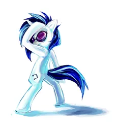 Size: 679x738 | Tagged: safe, artist:maocha, derpibooru import, vinyl scratch, pony, unicorn, back, bipedal, cutie mark, female, hooves, horn, image, jpeg, mare, simple background, solo, sunglasses, white background