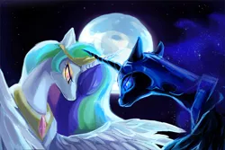 Size: 809x542 | Tagged: safe, artist:maocha, artist:maomaopanchu, derpibooru import, nightmare moon, princess celestia, alicorn, pony, armor, bust, crown, duo, ethereal mane, eyeshadow, female, flying, full moon, glow, glowing eyes, image, jewelry, jpeg, makeup, mare, moon, night, night sky, photoshop, regalia, sky, slit pupils, spread wings, starry mane, starry night, wings