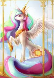 Size: 2100x2983 | Tagged: safe, artist:maocha, derpibooru import, princess celestia, alicorn, pony, crown, female, high res, hoof shoes, image, jewelry, jpeg, mare, peytral, raised hoof, regalia, sitting, solo, spread wings, wings