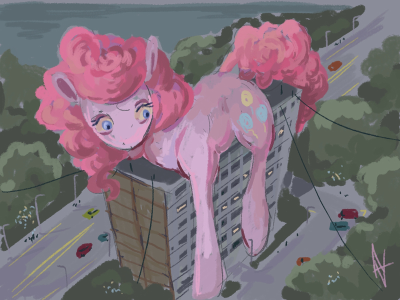 Size: 1024x768 | Tagged: safe, artist:alexandrvirus, derpibooru import, pinkie pie, earth pony, pony, apartment block, car, female, giant pony, image, jpeg, macro, mare, solo, street